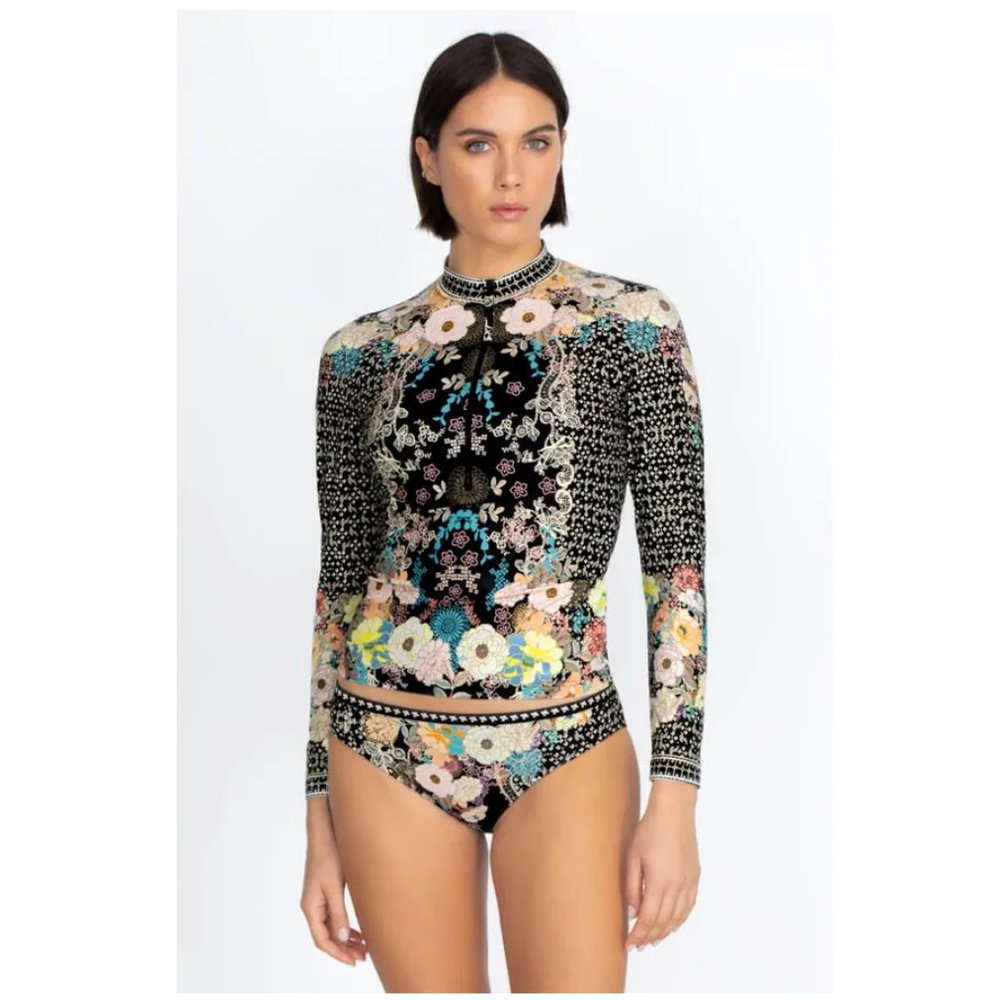 Johnny Was Swim Wear Surf Shirt Zip Long Comfort Rash Guard Floral Black Top NEW